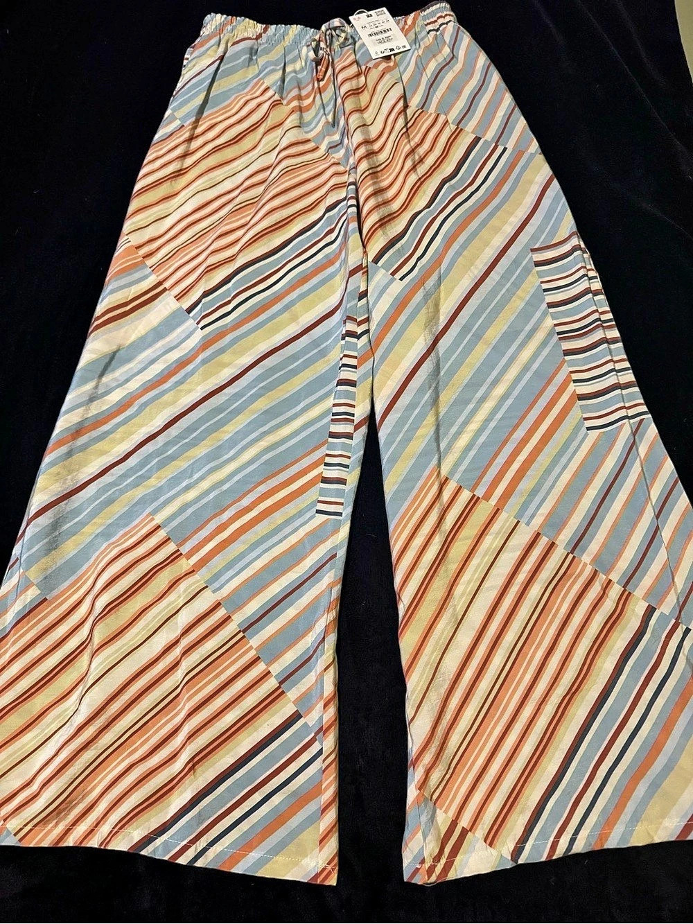 NWT Zara Striped Wide Leg Pants Blue & Orange Size Medium